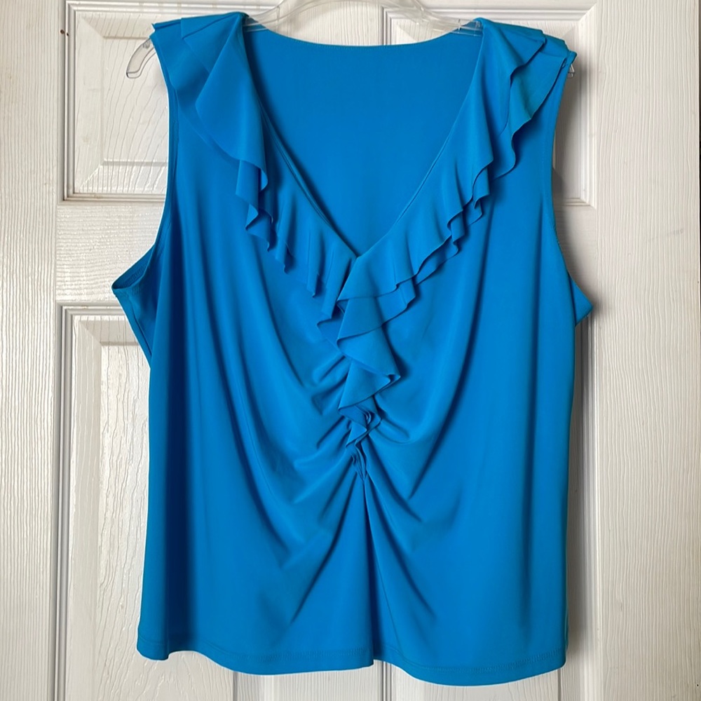 Amanda Blue Sleeveless Top - V-Neck with Ruffles - Size 2X (Fits like 1X)